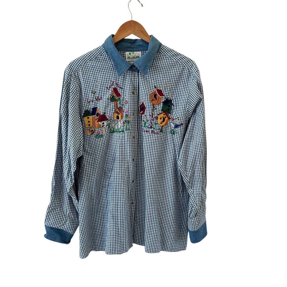 The Quacker Factory Gingham Embroidered Button Up Top L Birdhouse Cottage
